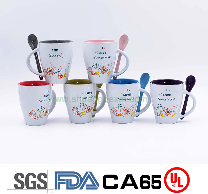 Ceramic happy coffee mug with spoon