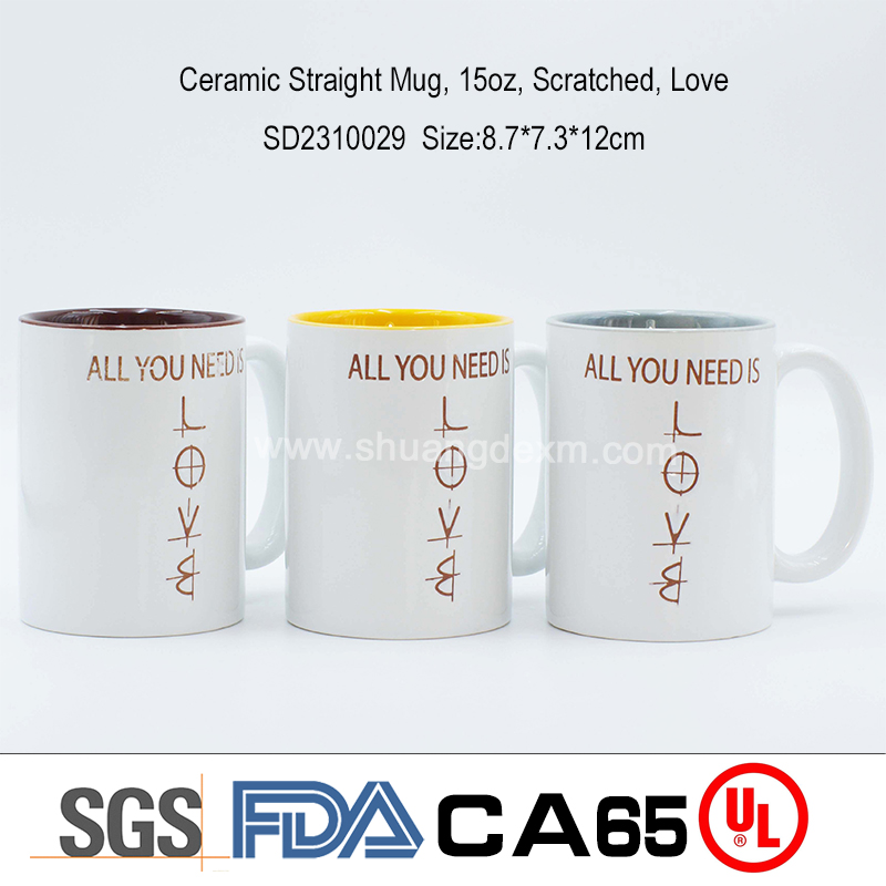 Ceramic Straight Mug, 15oz, Scratched, Love