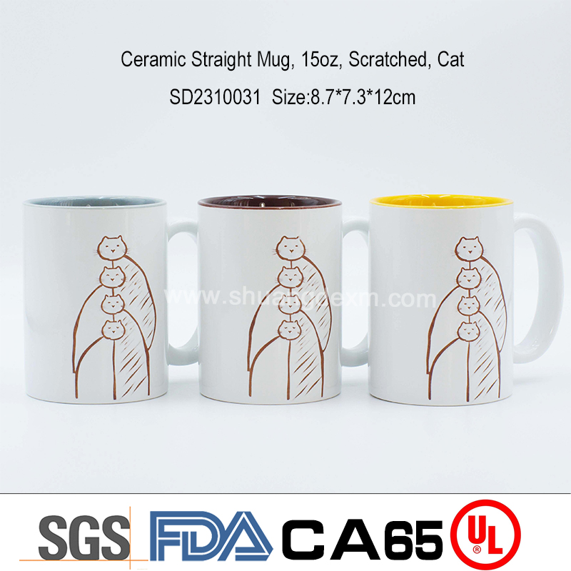 Ceramic Straight Mug, 15oz, Scratched, Cat